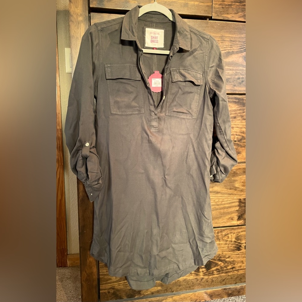 Dark Olive shirt dress, very light and soft material, flowing, not stiff